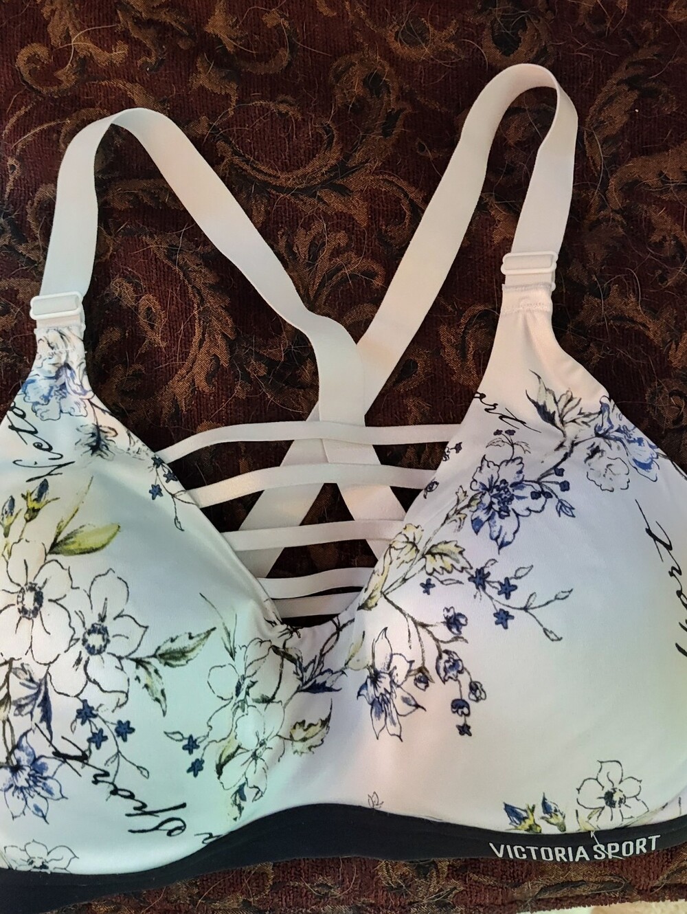 34DD Victoria Sport Floral Strappy Sports Bra - White with Blue Floral